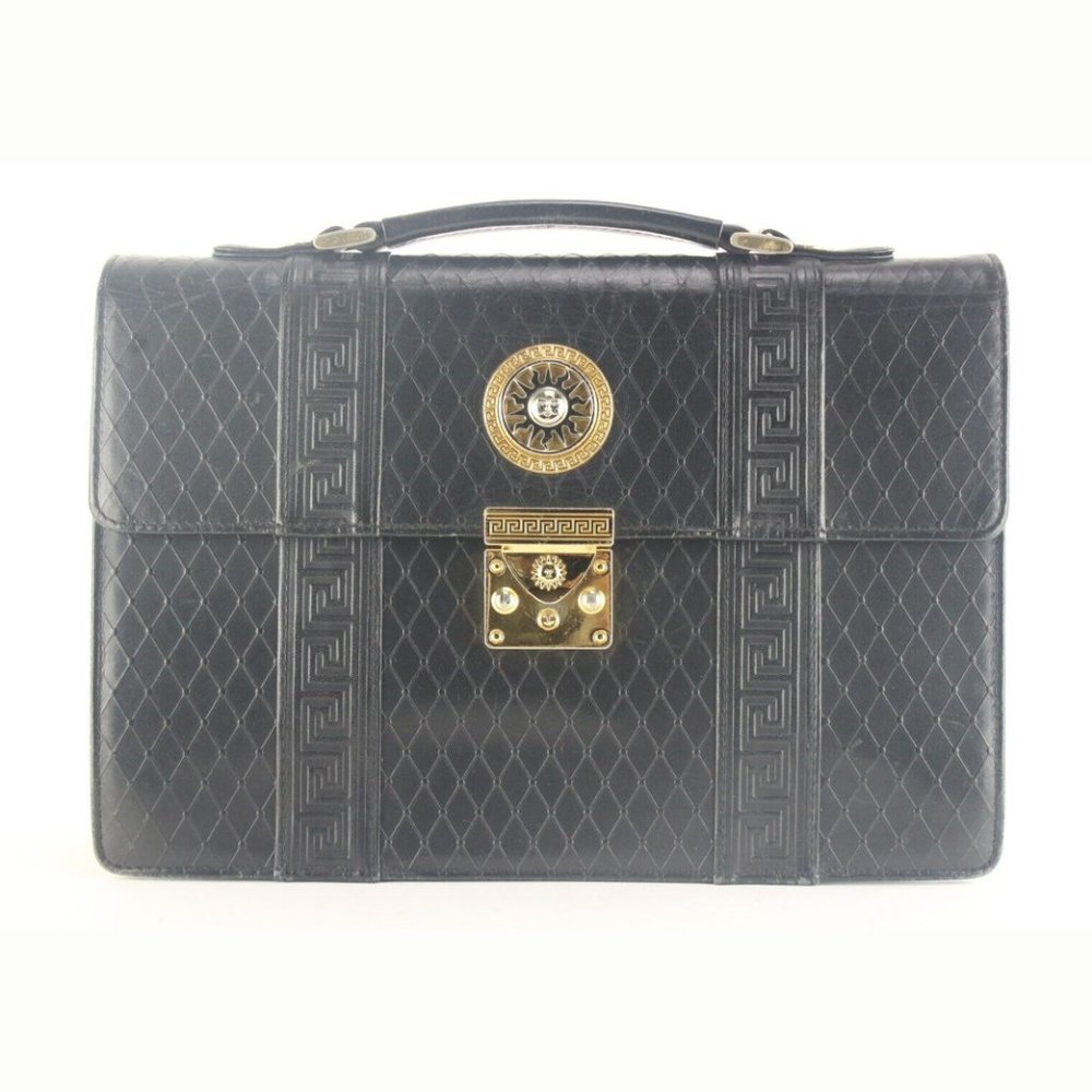 Versace Black Mini Top Handle Briefcase Greek Key Sun 2VER105K